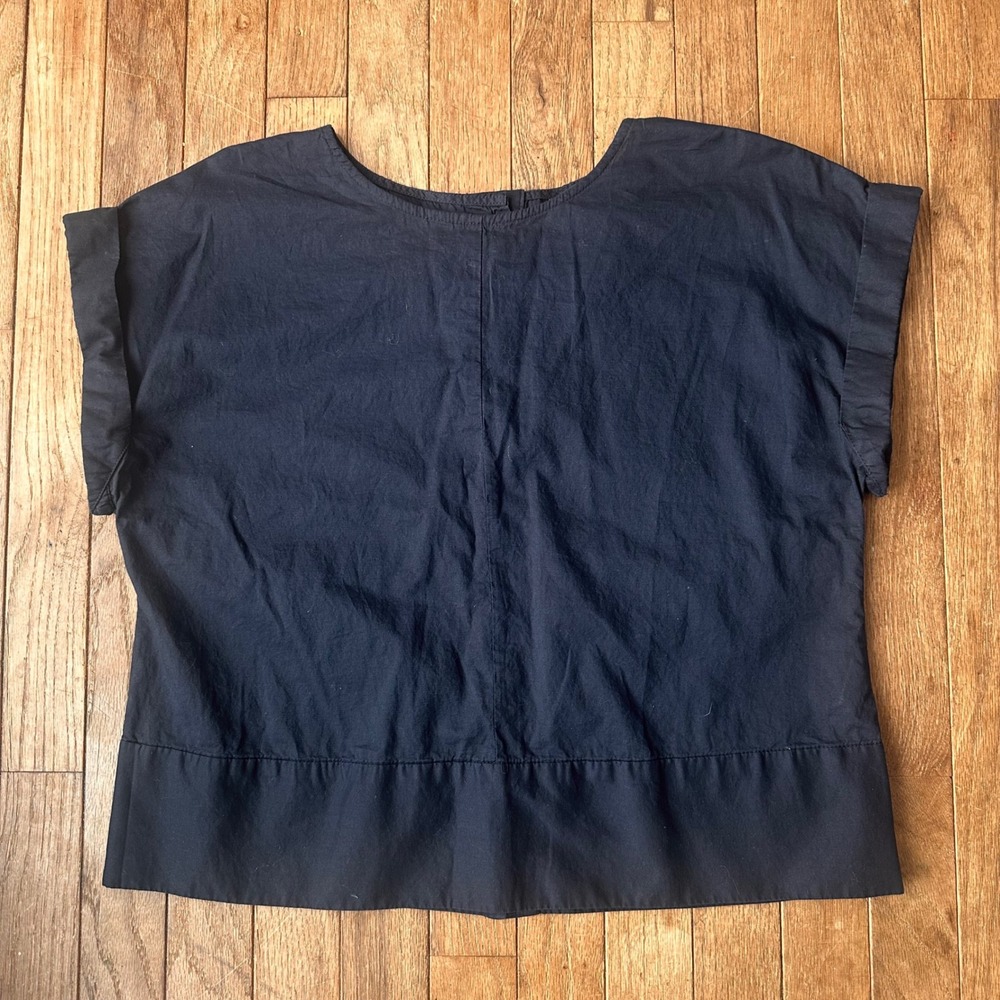 Dark Academia Top Women M Button Back Short Sleeve Navy Blue Modern Casual Chic